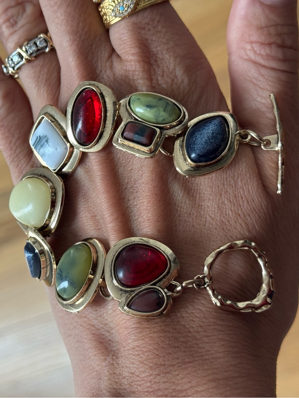 Vintage Gold-Tone Bracelet with Red, Green, Blue and Cream Cabochons